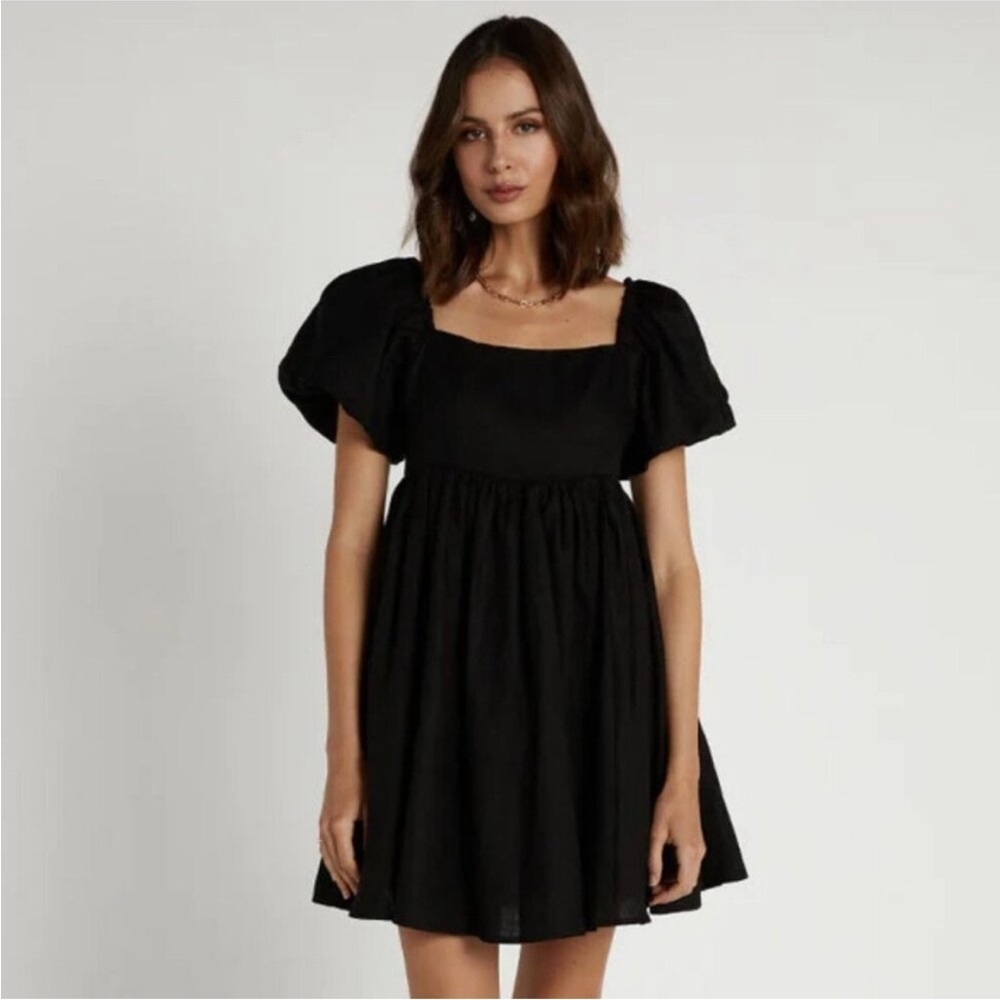 Dissh Danielle Black Linen Puff Sleeve Mini Dress Square Neck Smocked Back 8